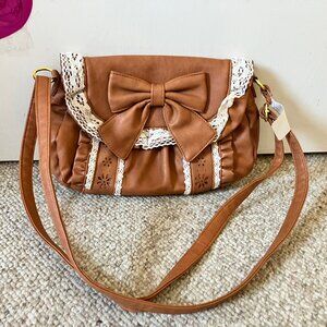 Brown Cross Body Shoulder Bag with Bow and Lace Trim from Japan
